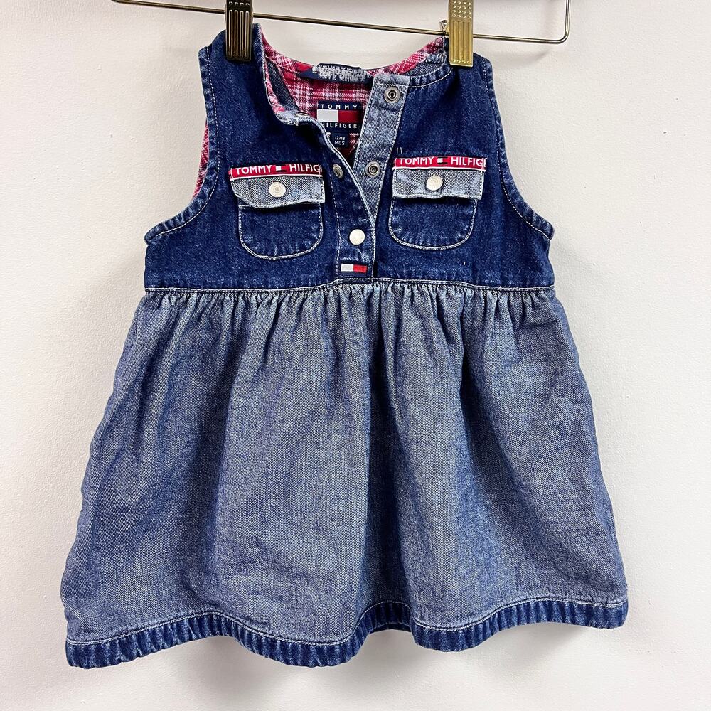 Tommy Hilfiger denim sundress Girl's 12-18 months plaid trim snap buttons